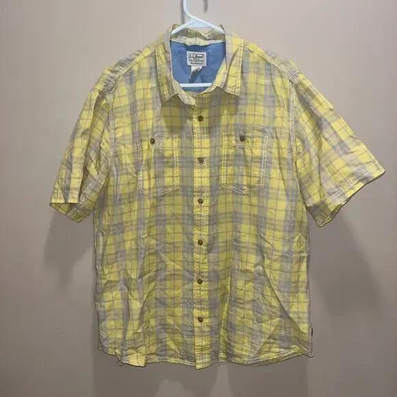 LL Bean Shirt Men's XXL Button Up Yellow Plaid Short Sleeve Linen Cotton Preppy - Picture 1 of 11